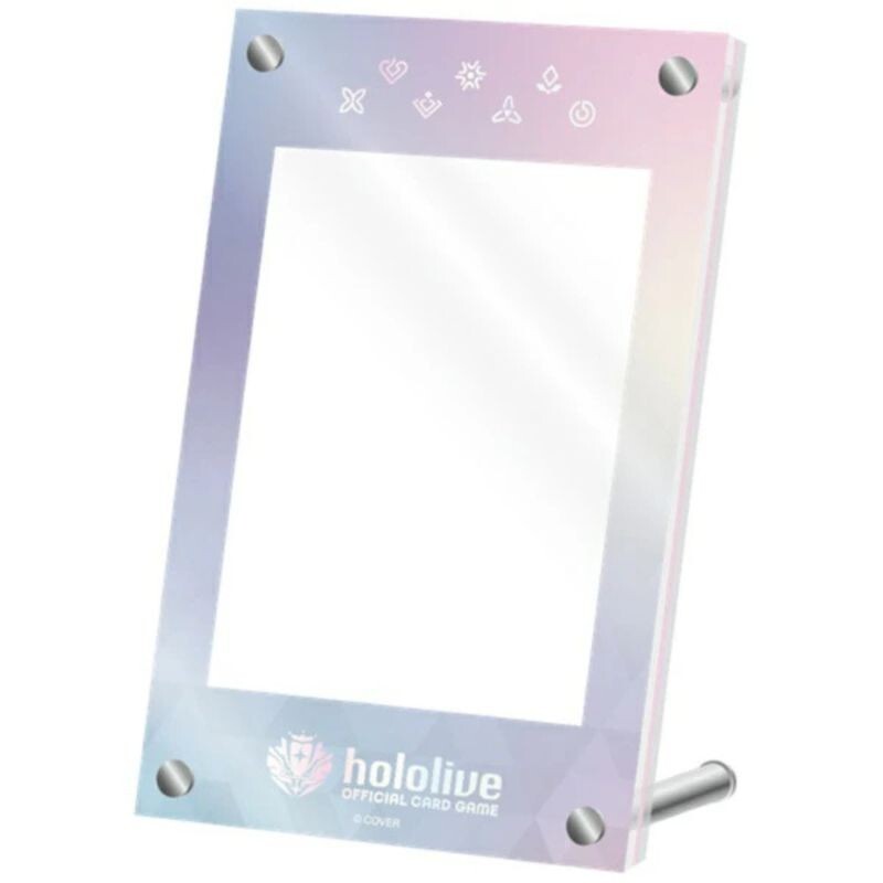 Pastel gradient Hololive acrylic card stand with silver fasteners, top symbols, and a bottom stand, displays Hololive Official Card Game logo