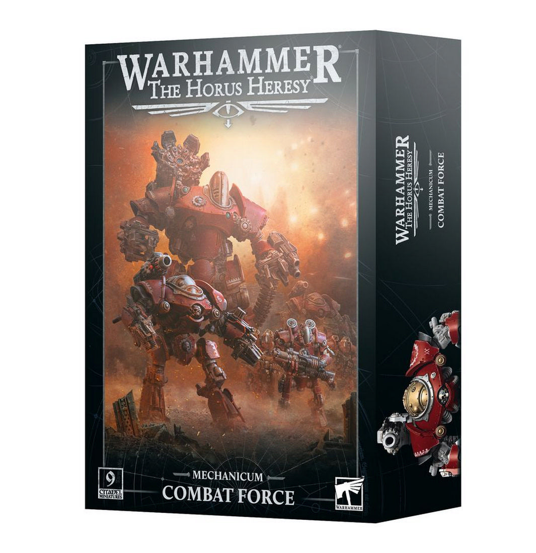 Warhammer: The Horus Heresy Mechanicum Combat Force box featuring giant red mechanical walkers (robots)
