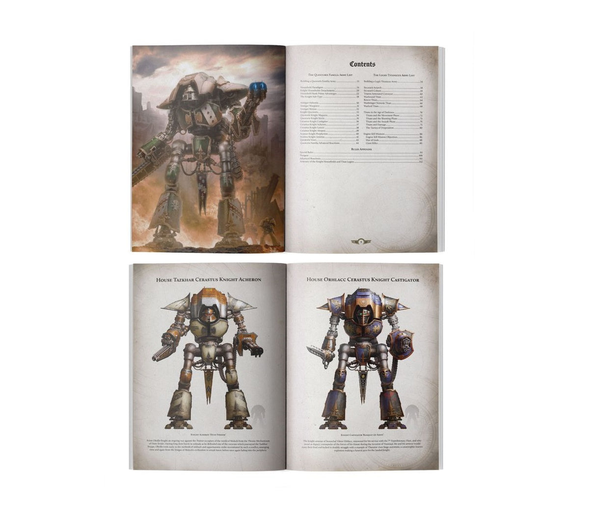 An open rulebook displays detailed illustrations of large Warhammer-style 'Knight' mechs across multiple pages, alongside a contents list