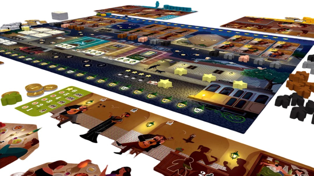 Overhead view of a colorful board game: a city street with a tram, buildings, and game pieces. Illustrated characters play music and dine
