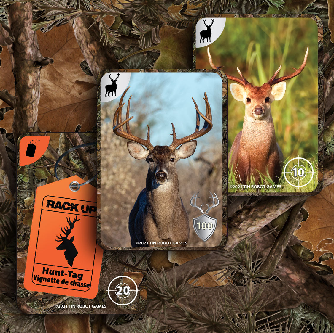 Rack UP The Hunting Card Game cards featuring various deer and scoring symbols on a camouflage background