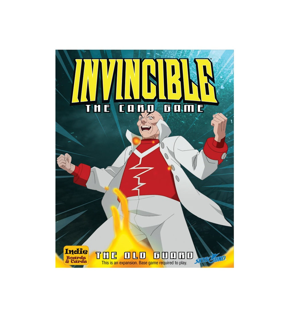 Invincible: The Card Game cover showing a bald man in a white suit and red shirt raising his fists triumphantly