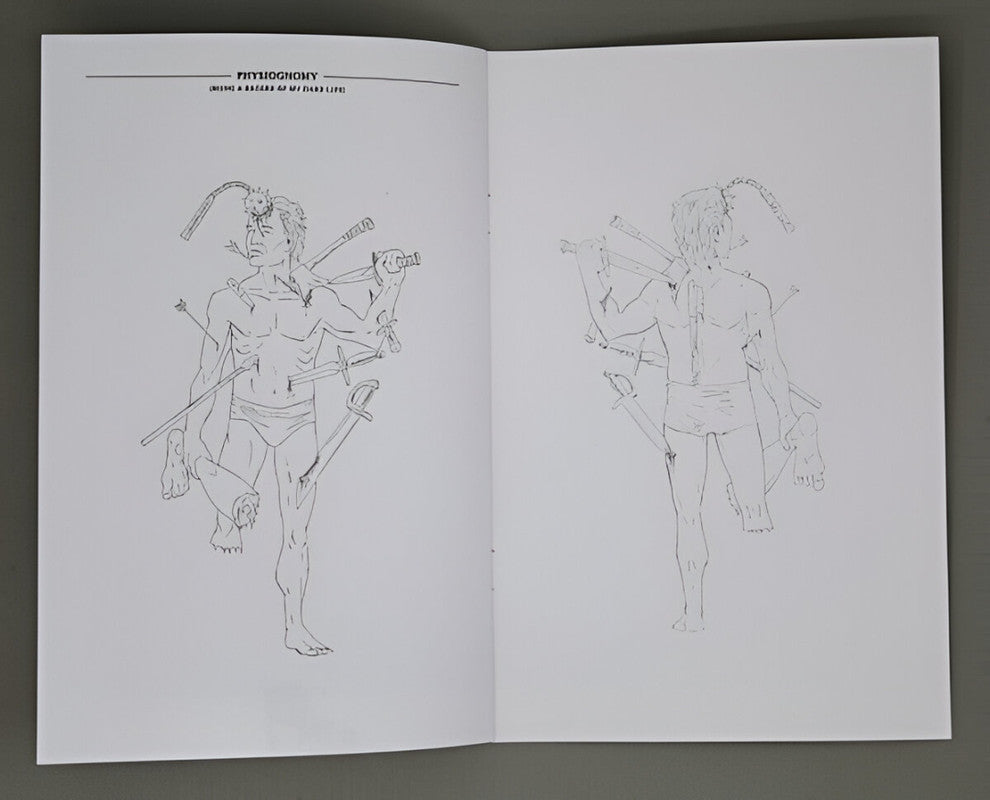 Open book with two B&W line drawings: front and back views of a wounded man pierced by swords/arrows, with severed limbs. Titled "PHYSIOGNOMY"