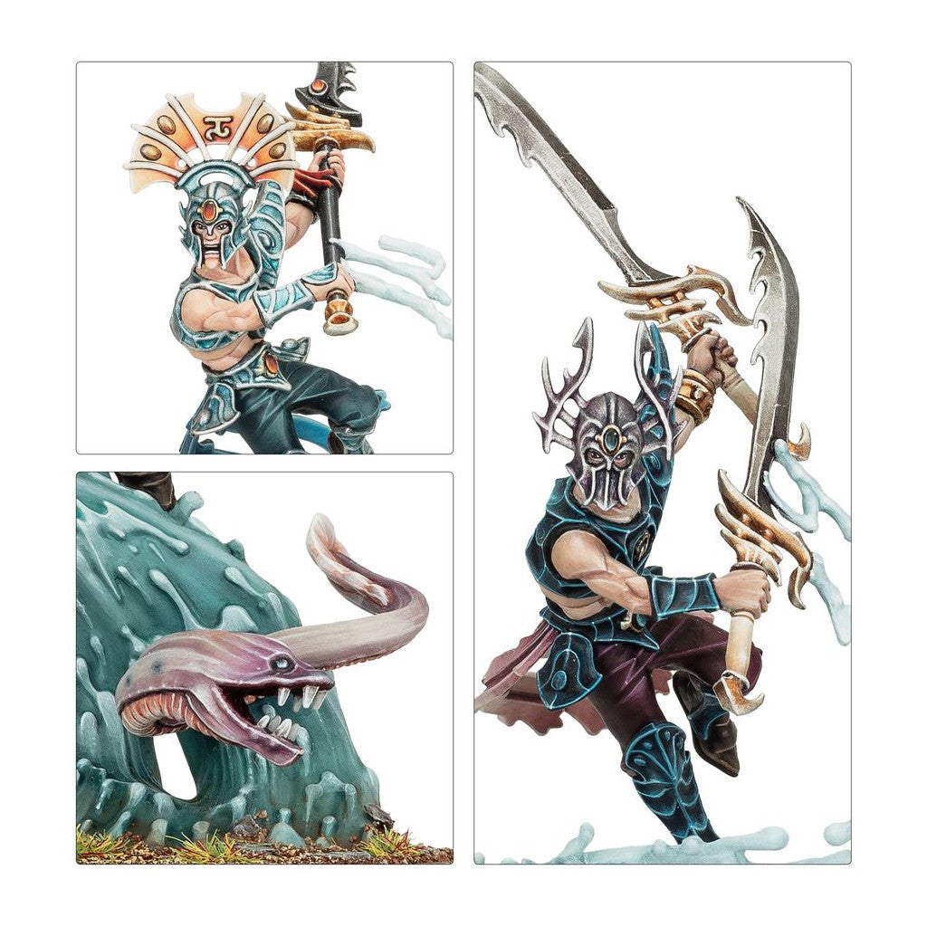 Painted miniatures: Two aquatic elven warriors in dynamic poses with weapons, and a sea serpent