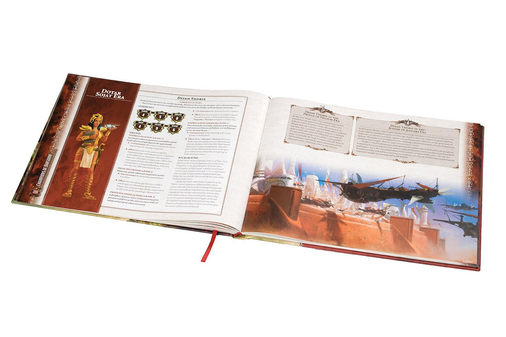 Open Champions of Barsoom RPG book. Left: Golden-armored Dejah Thoris character sheet. Right: Futuristic city with airships