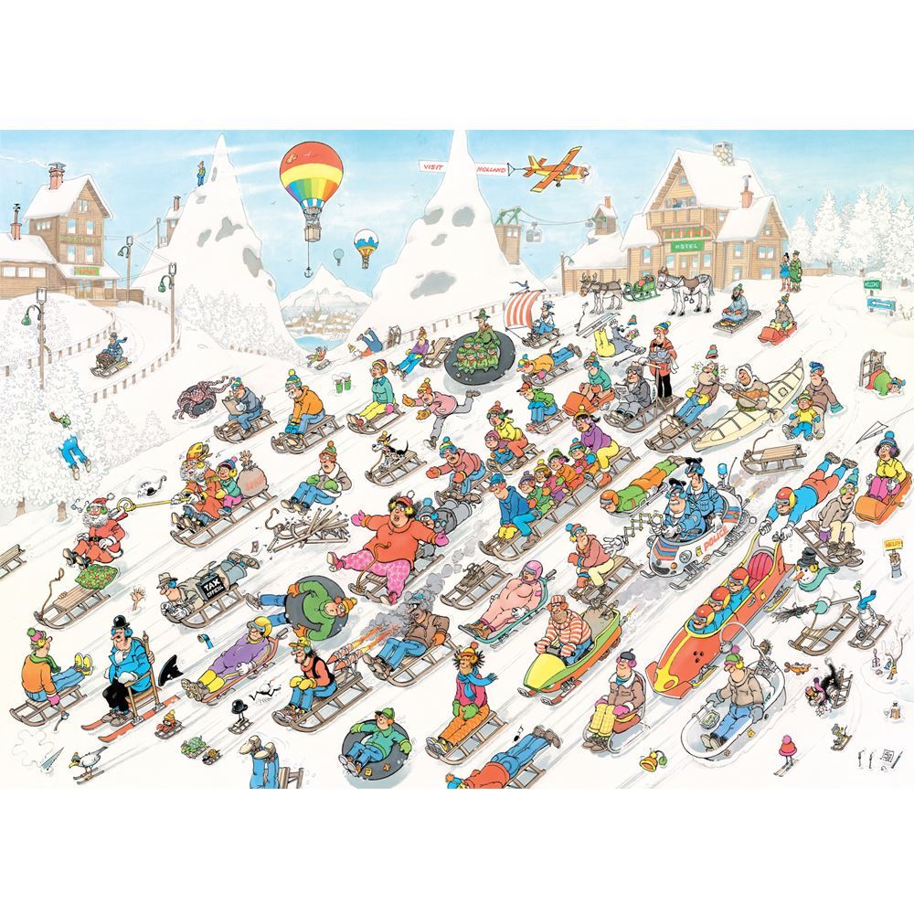 Busy cartoon winter scene with dozens of people sledding and skiing down a snowy mountain, some crashing