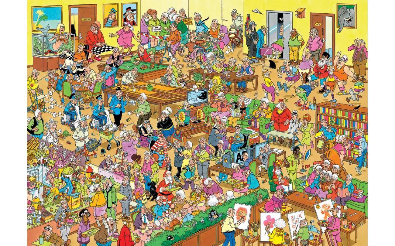 A crowded, lively cartoon of many elderly people enjoying various activities like games, art, and socializing in a community hall