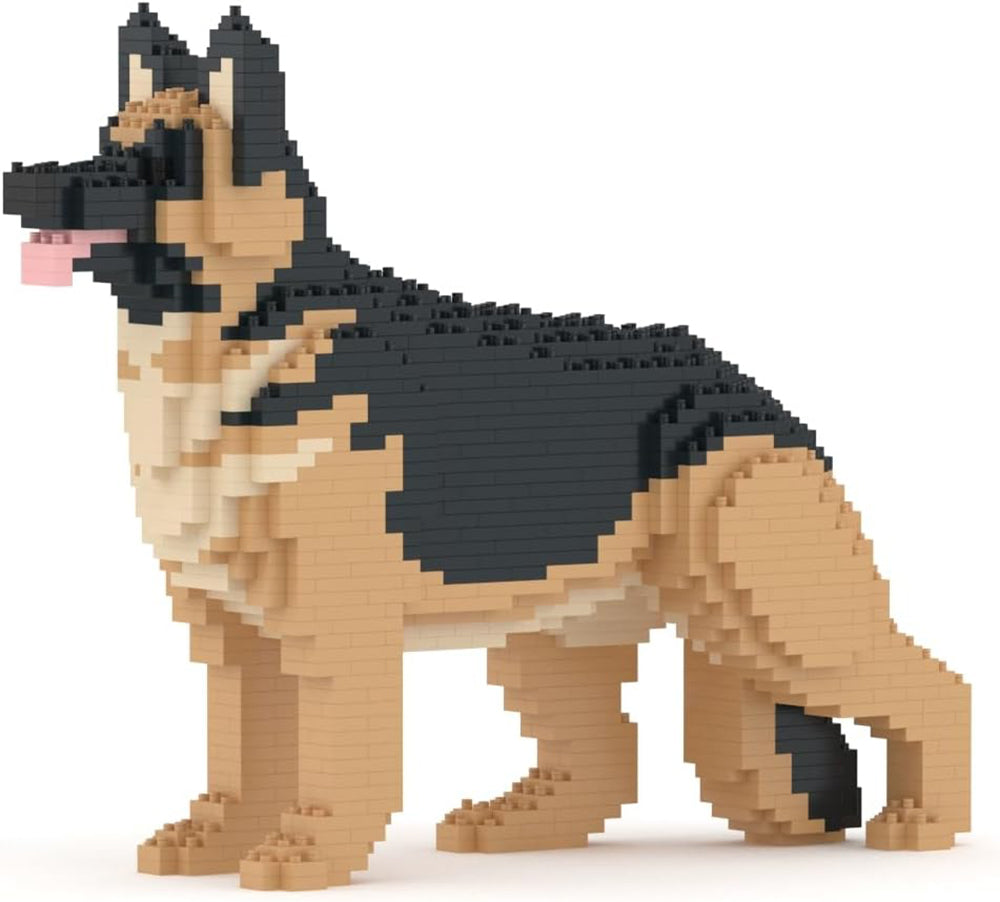 Side view of black and tan German Shepherd dog built from small blocks, standing, pixelated pet figure