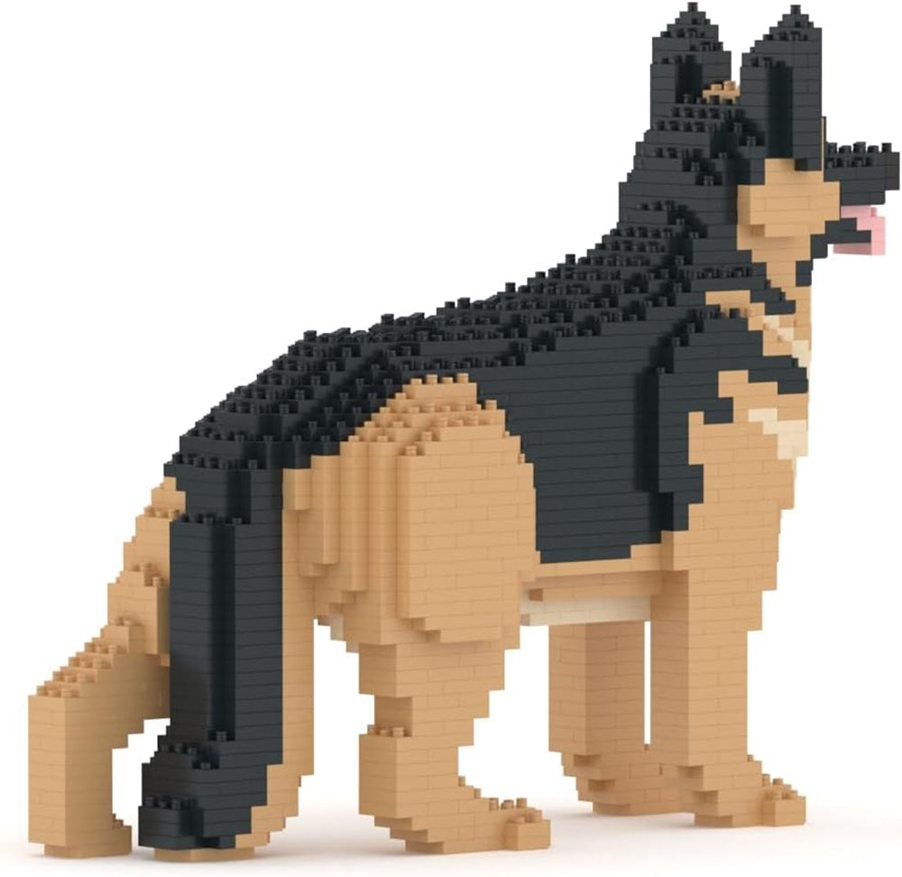 Side view of black and tan German Shepherd dog built from small blocks, standing, pixelated pet figure