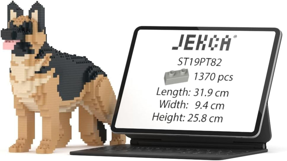 Side view of black and tan German Shepherd dog built from small blocks, standing, pixelated pet figure, next to a tablet showing JEKCA ST19PT82, 1370 pieces, and dimensions