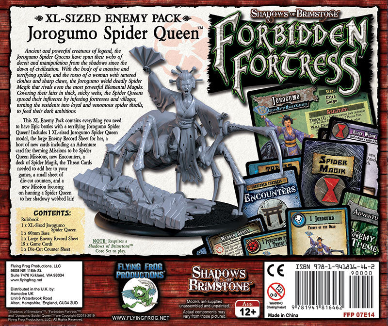 Shadows of Brimstone Jorogumo Spider Queen XL pack: Unpainted grey spider-woman miniature with fan, next to game cards
