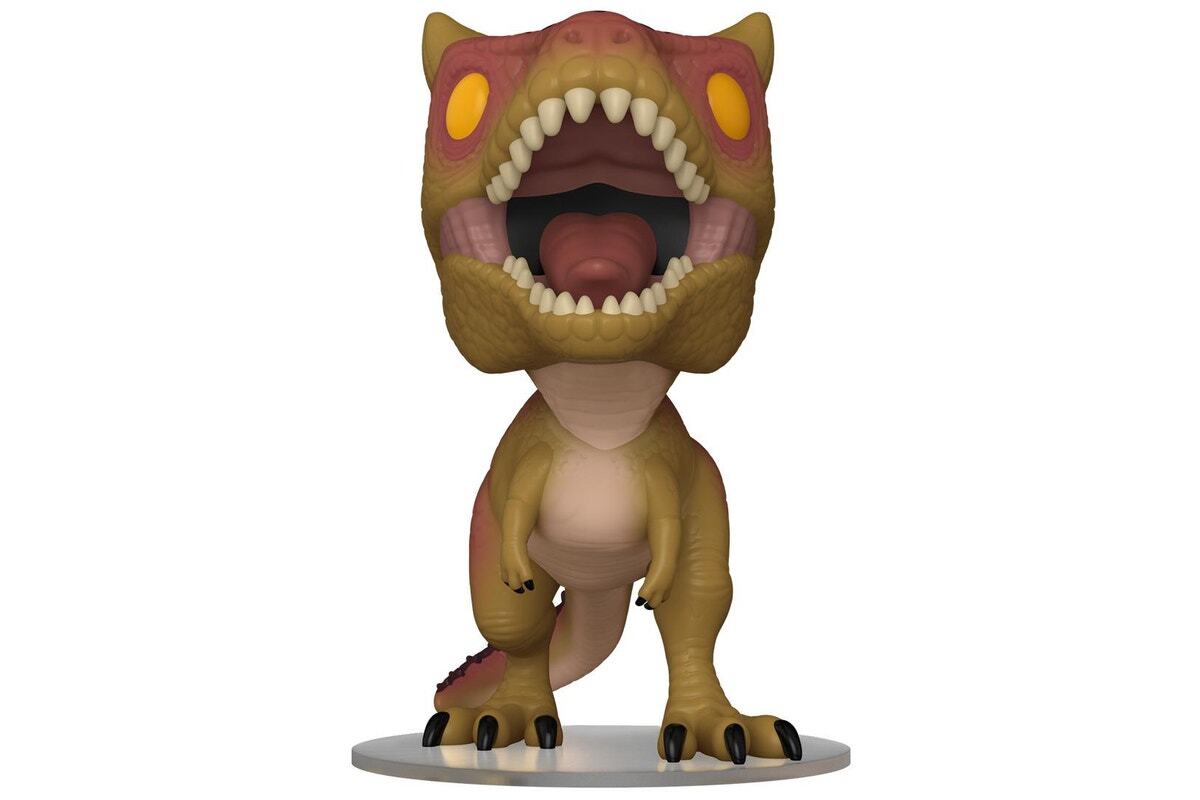 Funko Pop! T-Rex figure with mouth wide open, sharp teeth, visible tongue, and yellow eyes, brownish-green body with reddish accents