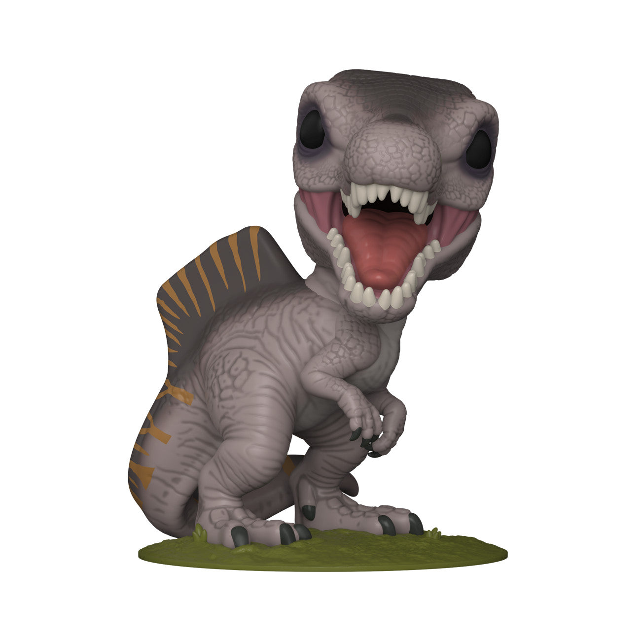 Funko Pop! Spinosaurus dinosaur figure, grey body, open mouth with sharp teeth, pink tongue, dark eyes, and a dark fin with orange stripes, standing on grass