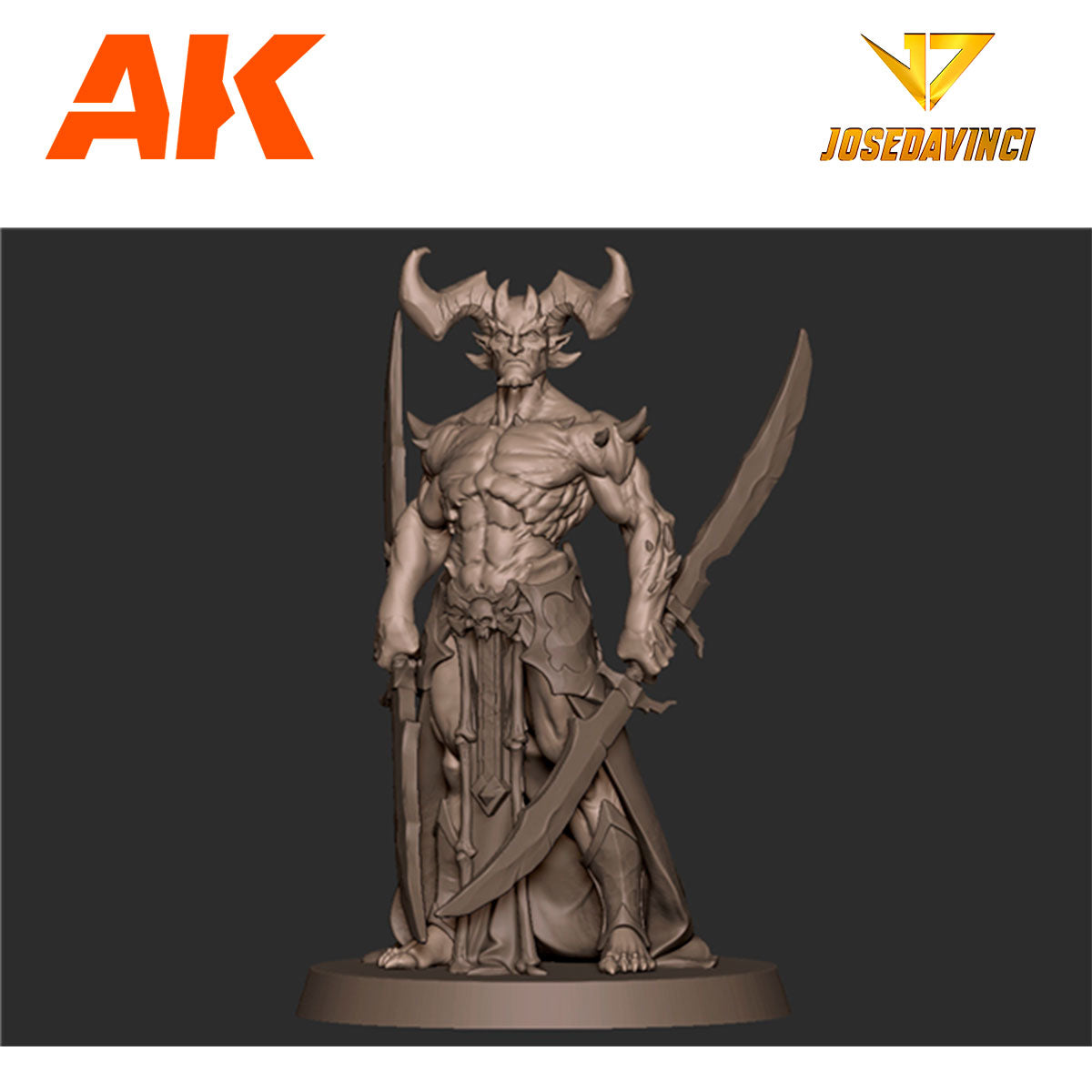 A brown 3D model of a muscular, horned demon warrior holding two curved swords, standing on a round base