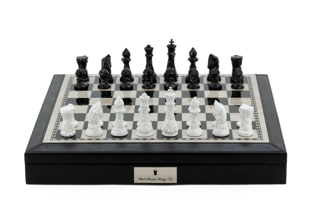 Dal Rossi 18 Black Leather Chess Box with Diamond Cut Chessmen - Good Games