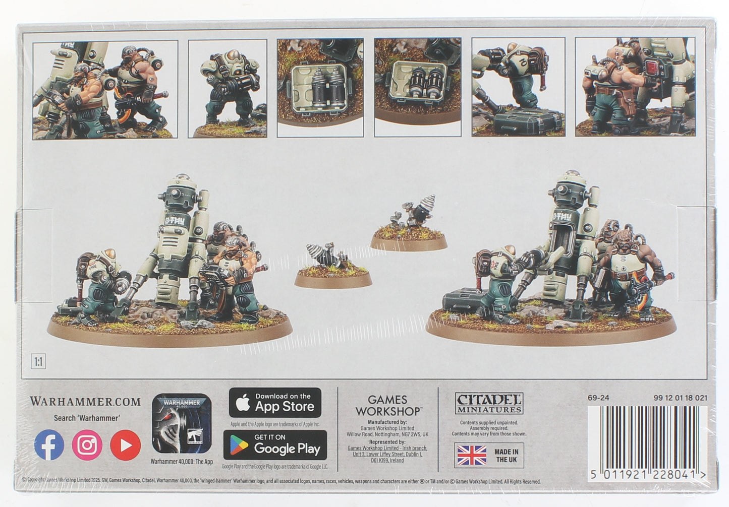 Warhammer 40,000 box shows painted sci-fi miniatures: large weapon platforms, armored soldiers, and gear