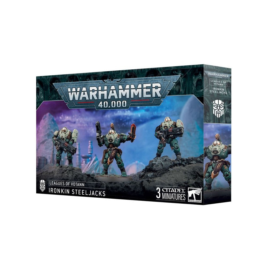 Warhammer 40,000: Leagues of Votann Ironkin Steeljacks box. Three green armored sci-fi miniatures with weapons on rocky terrain
