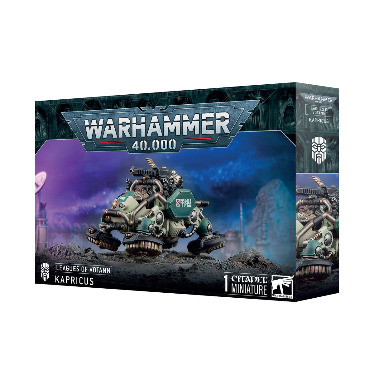Warhammer 40,000 Leagues of Votann Kapricus box, showing a green armored tracked vehicle with a pilot