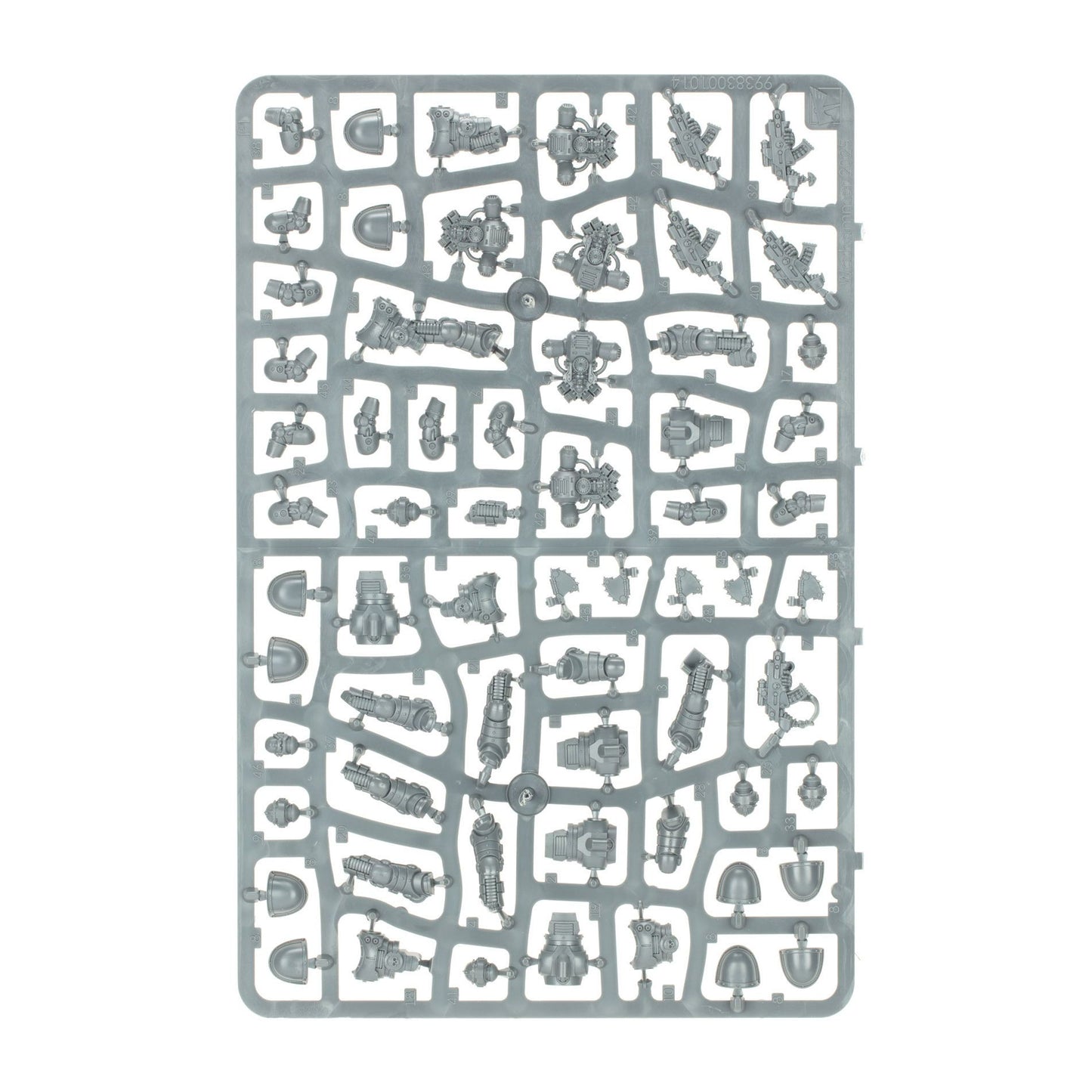 Grey plastic sprue with numerous unbuilt sci-fi miniature components, including weapons and armor parts