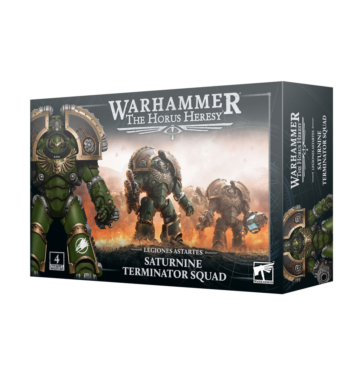 Warhammer The Horus Heresy Saturnine Terminator Squad box, showing green armored Space Marines in a fiery battle scene