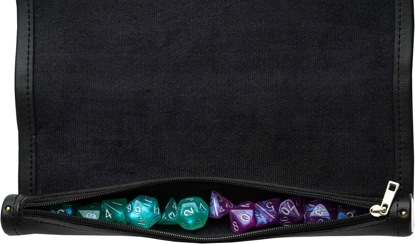 Black roll-up dice tray unzipped, showing green and purple RPG dice
