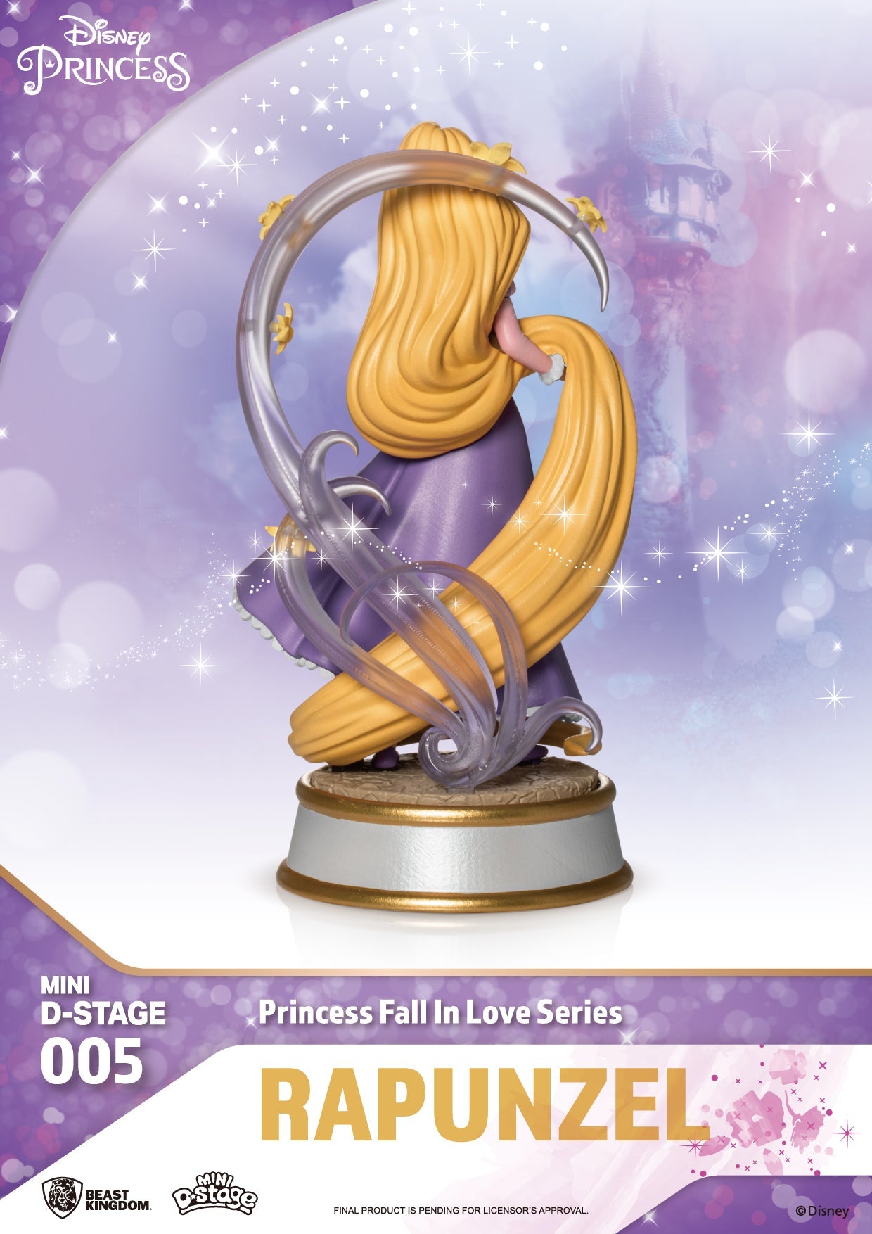 Back angle of Rapunzel figure showing long braid and detailed dress