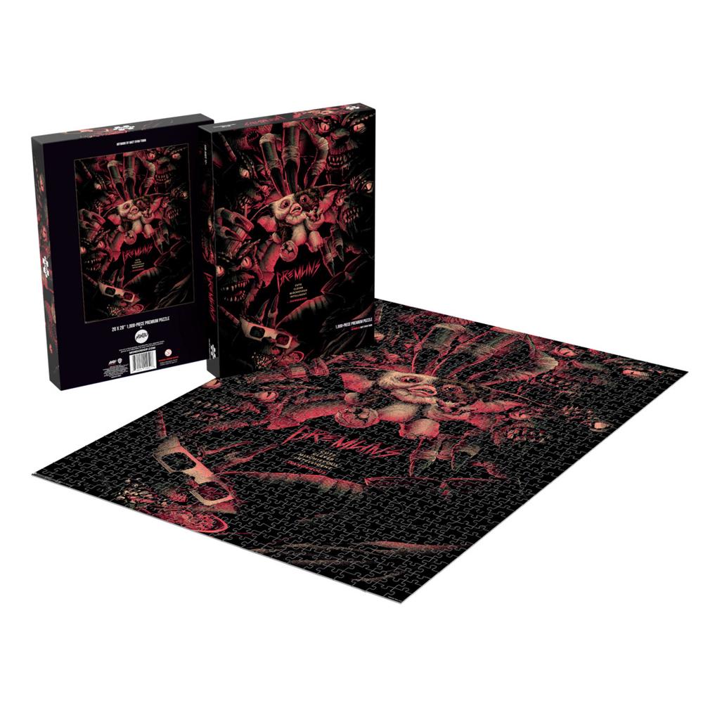 Gremlins jigsaw puzzle (1000 pieces) featuring dark red/black artwork of Gizmo surrounded by monsters, displayed with the box