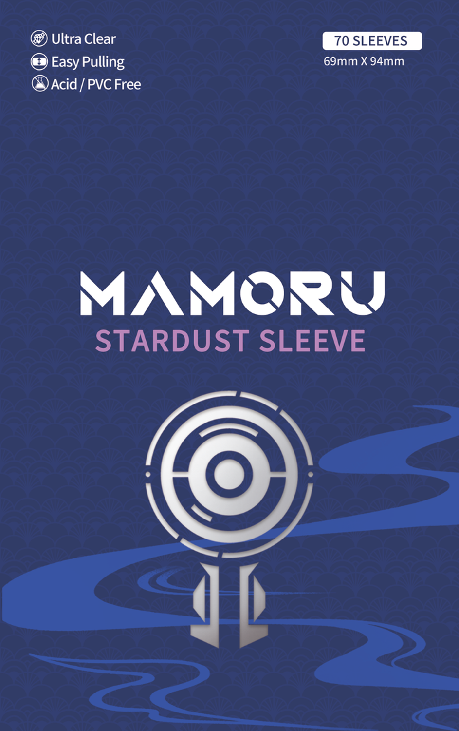 Mamoru Stardust Sleeve packaging, dark blue, white 'MAMORU' & pink 'STARDUST SLEEVE' text