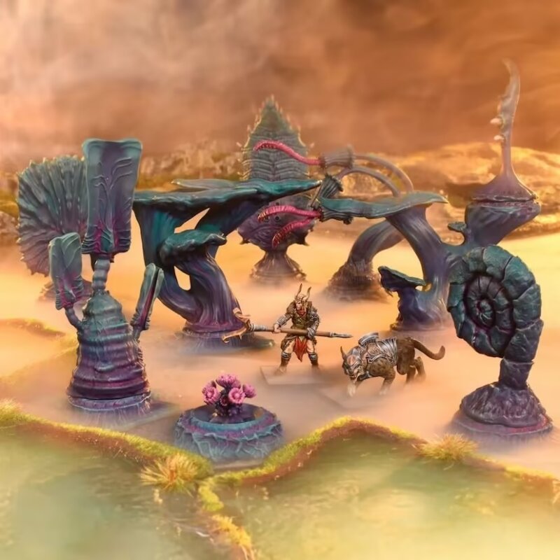Miniatures: A horned warrior with a spear and a panther stand in a misty, alien landscape featuring giant purple-blue flora.
