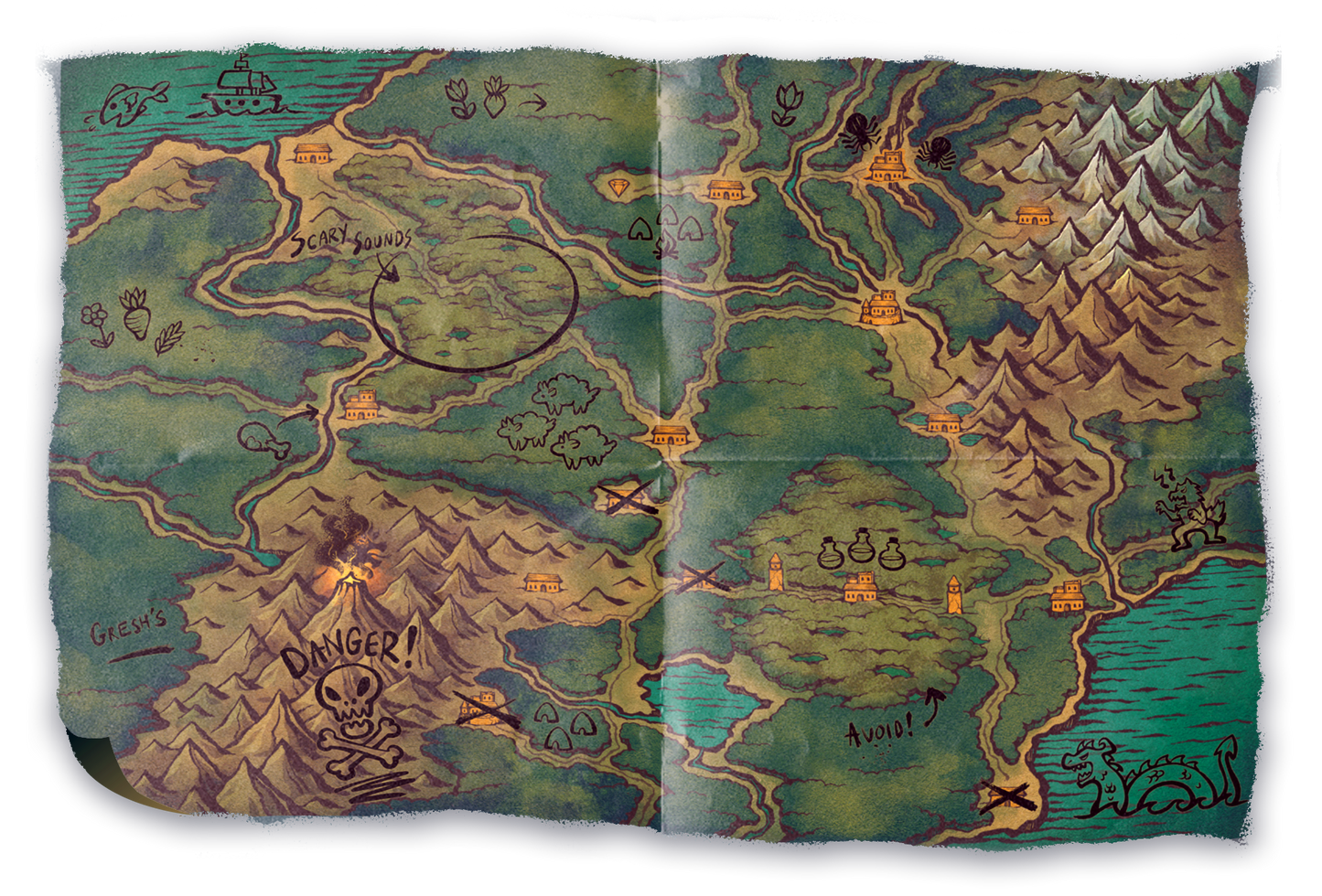 A hand-drawn, aged fantasy map displaying forests, mountains, rivers, a volcano, and distinct danger zones