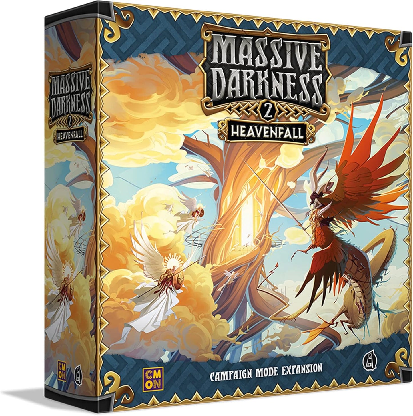 Massive Darkness 2: Heavenfall board game box angels battle a red dragon near a glowing celestial tree