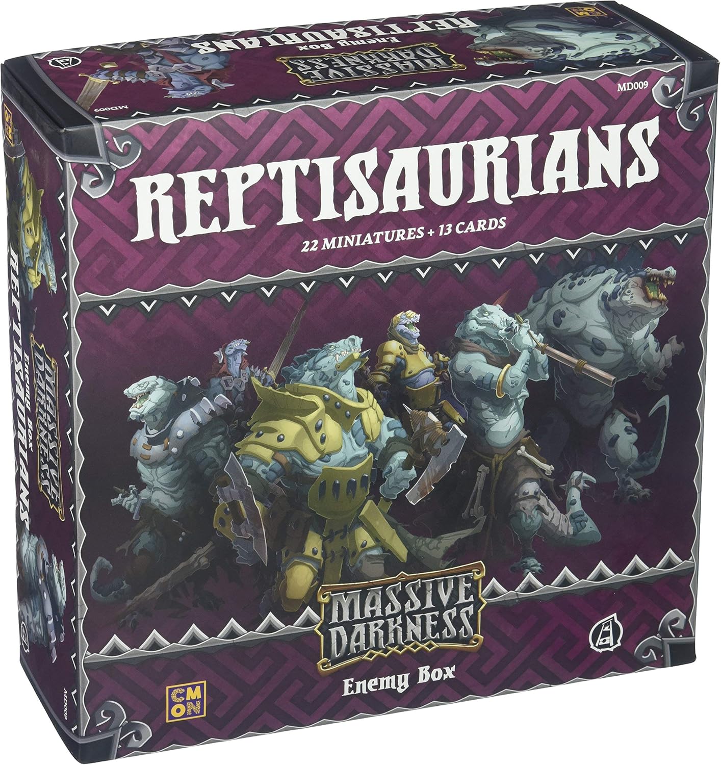 Purple box for Massive Darkness: Reptisausrians Enemy Box, showing armored reptilian fantasy creatures
