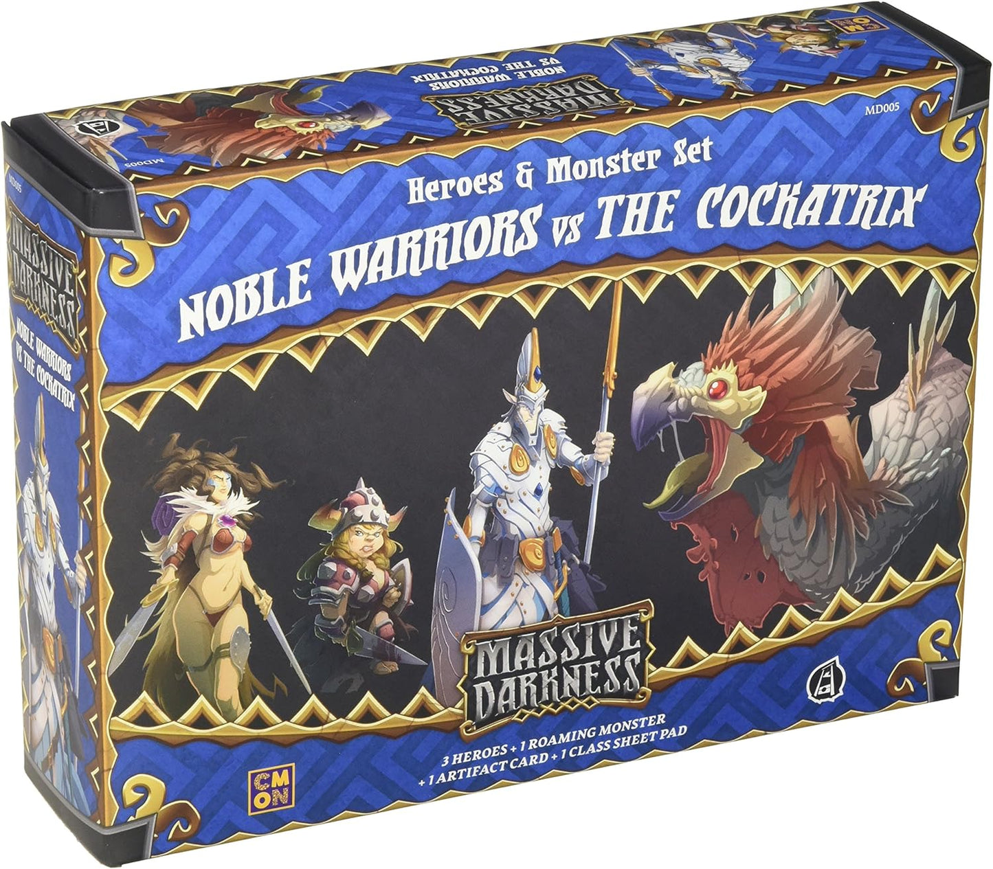 Massive Darkness 'Noble Warriors vs The Cockatrix' game box, showing three warriors facing a large monster