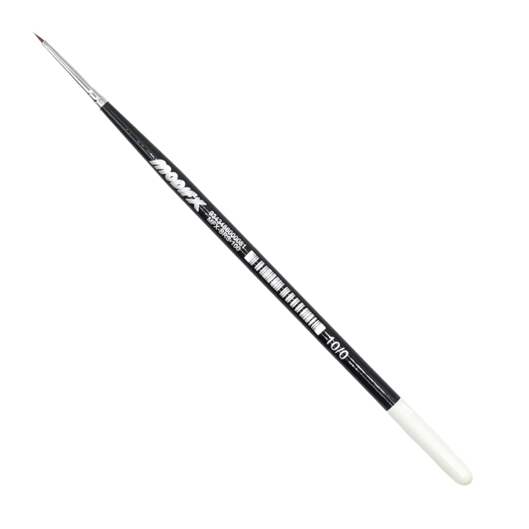 A black Modifx 10/0 detail paintbrush with a very fine brown tip and white end cap, for precision painting