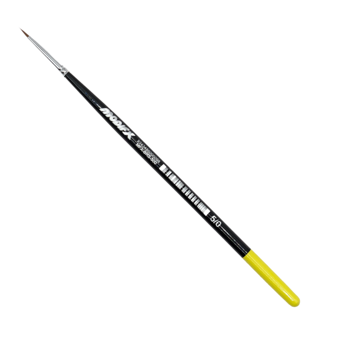 Modifx 5/0 paint brush with a black handle, yellow end cap, and fine tip