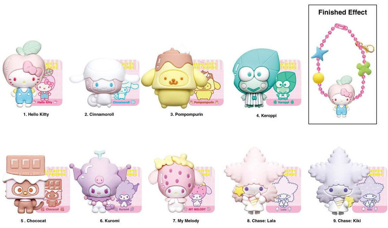 Nine pastel Sanrio character collectible figures (Hello Kitty, Kuromi, Keroppi) displayed with a charm bracelet