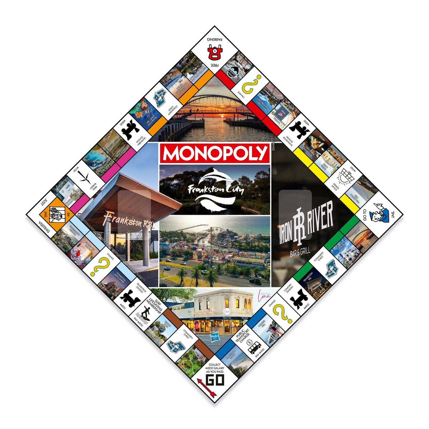 A diamond-shaped Monopoly board featuring Frankston City landmarks and activities as property squares, with the game title at its center