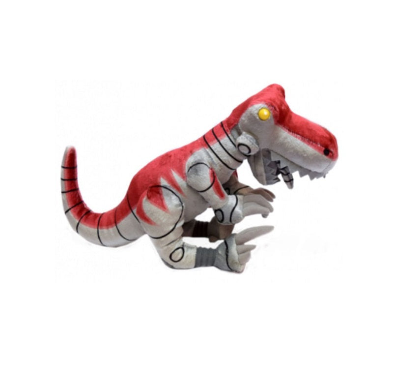 Red and white robotic-style raptor plush toy with yellow eyes, posed crouching