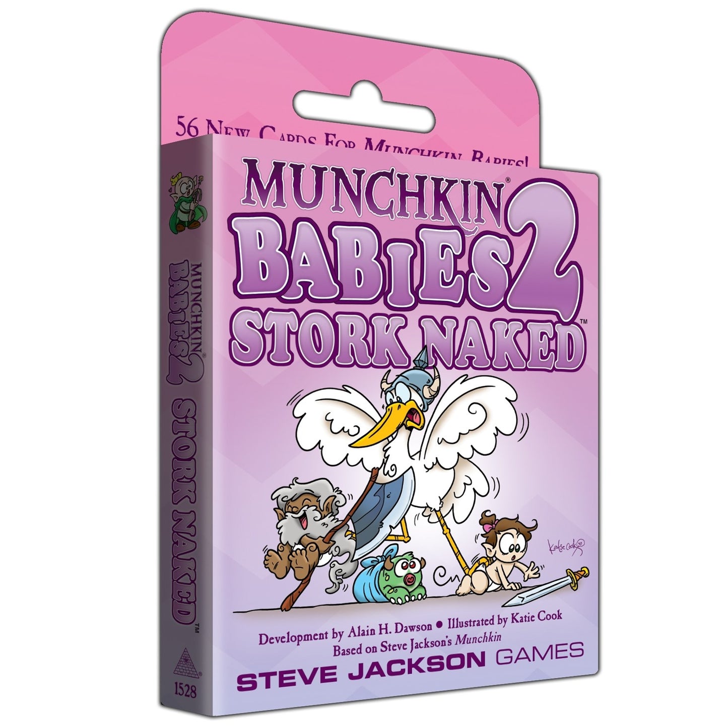 A Munchkin Babies 2 Stork Naked game box with a pink and purple background showing a stork in a Viking helmet pulling baby characters, one reaching for a sword