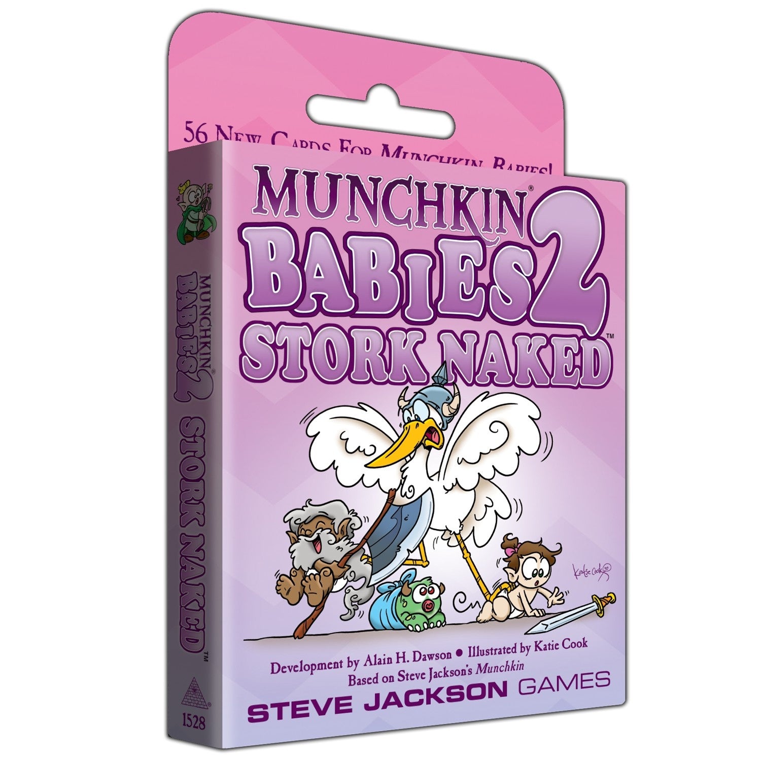 A Munchkin Babies 2 Stork Naked game box with a pink and purple background showing a stork in a Viking helmet pulling baby characters, one reaching for a sword