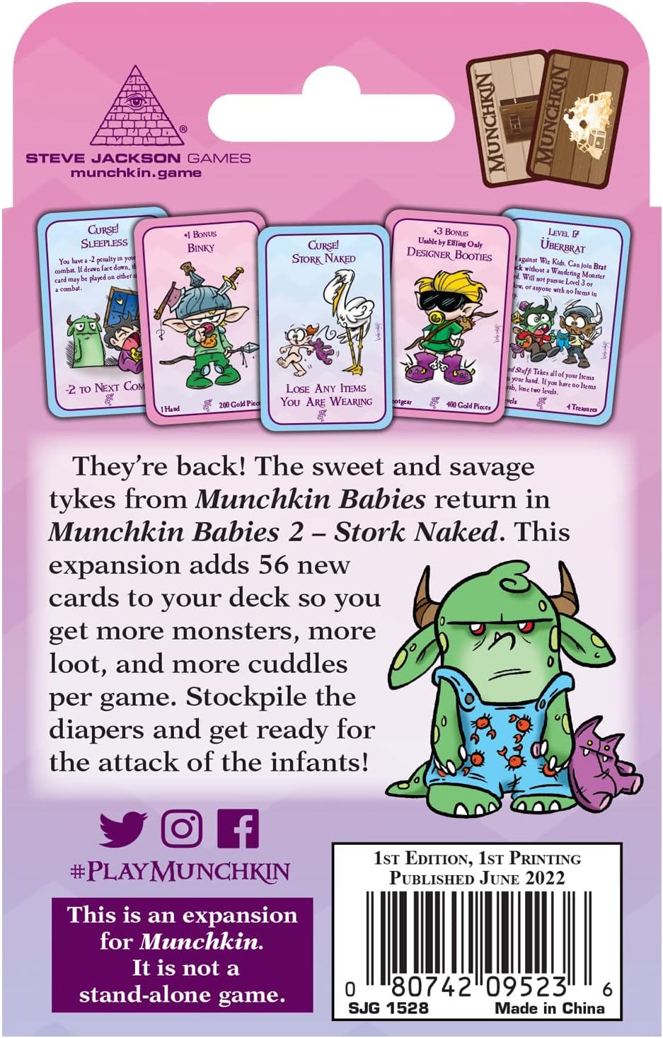 The back of the Munchkin Babies 2 Stork Naked game box displays several illustrated game cards and a large green baby monster with horns in a blue onesie