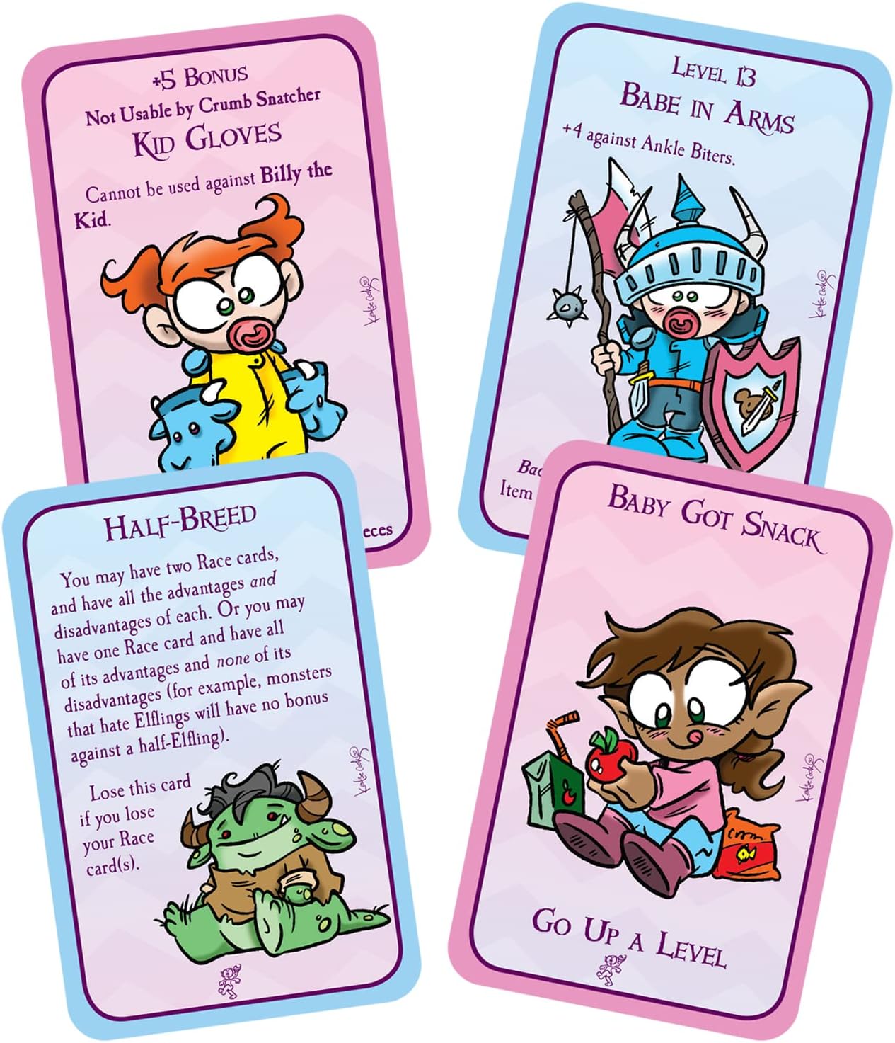 Munchkin Babies 2 Stork Naked game cards depict a baby in gloves, a baby knight, a half-breed creature, and a baby elf eating