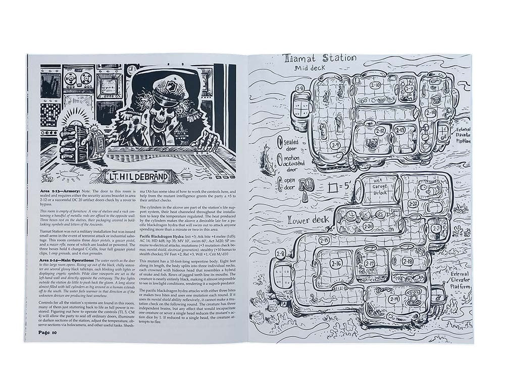 Black & white book spread: skeletal officer operating a console (left), Tiamat Station map (right)