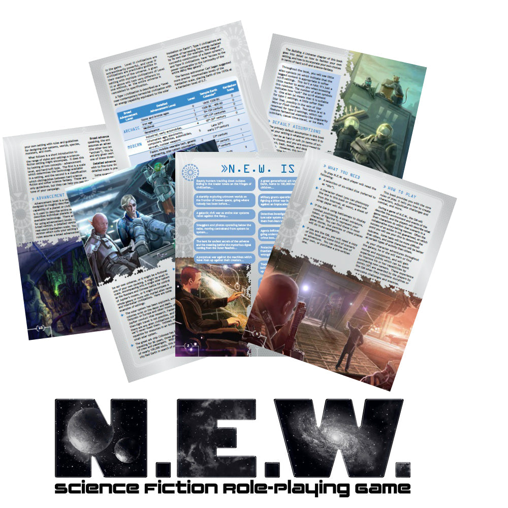 Pages from N.E.W. The Science Fiction Roleplaying Game v1.3 rulebook fanned out, displaying sci-fi artwork, text, tables, and the game title at the bottom