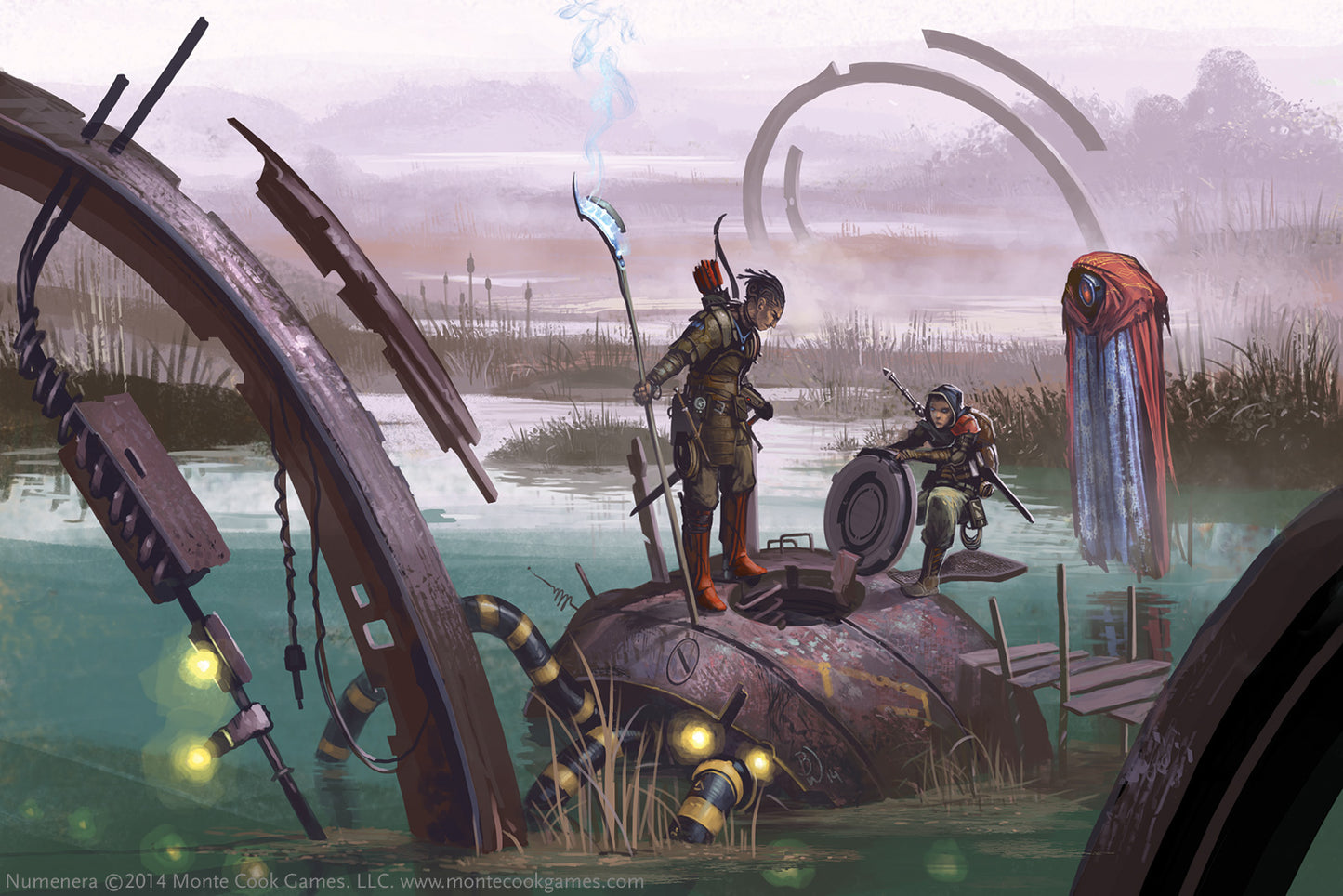 Two armored figures explore ancient ruins in a misty swamp, accompanied by a floating robed automaton