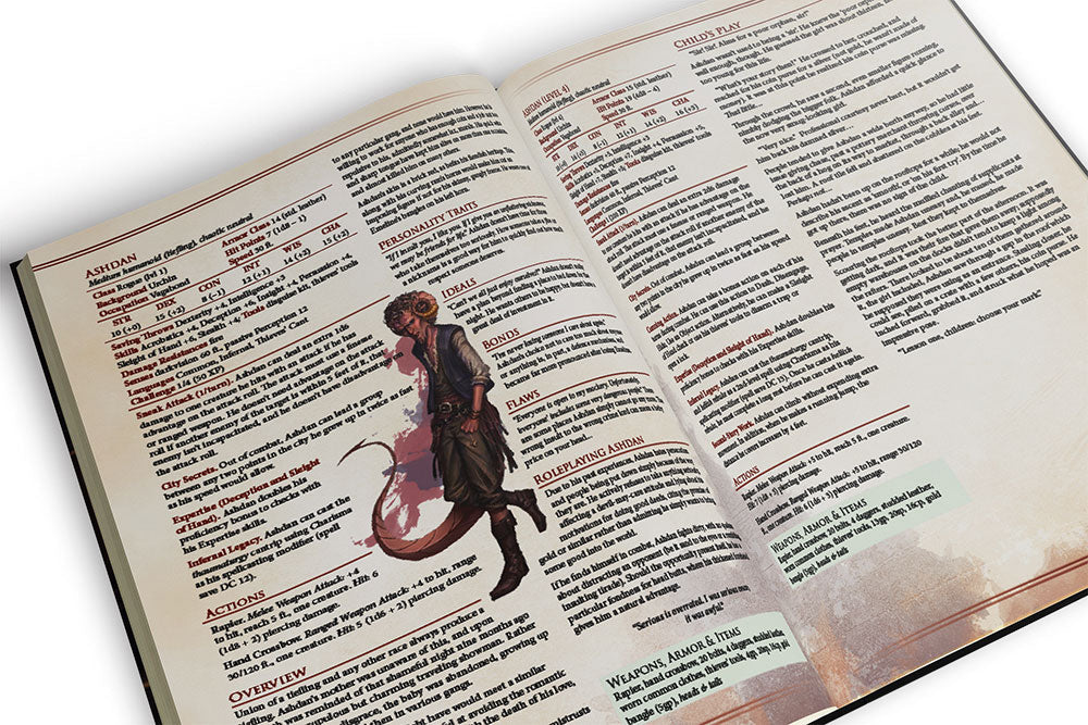 An open fantasy RPG book displays a character profile for 'Ashdan' with stats and a leaning horned, tailed figure
