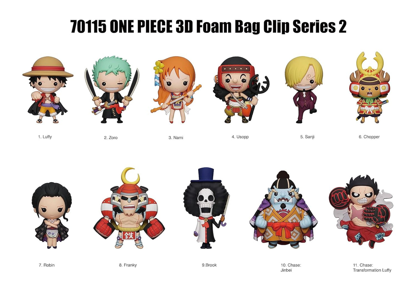Eleven One Piece 3D foam bag clips, Series 2, featuring chibi characters like Luffy, Zoro, Nami, and other Straw Hats