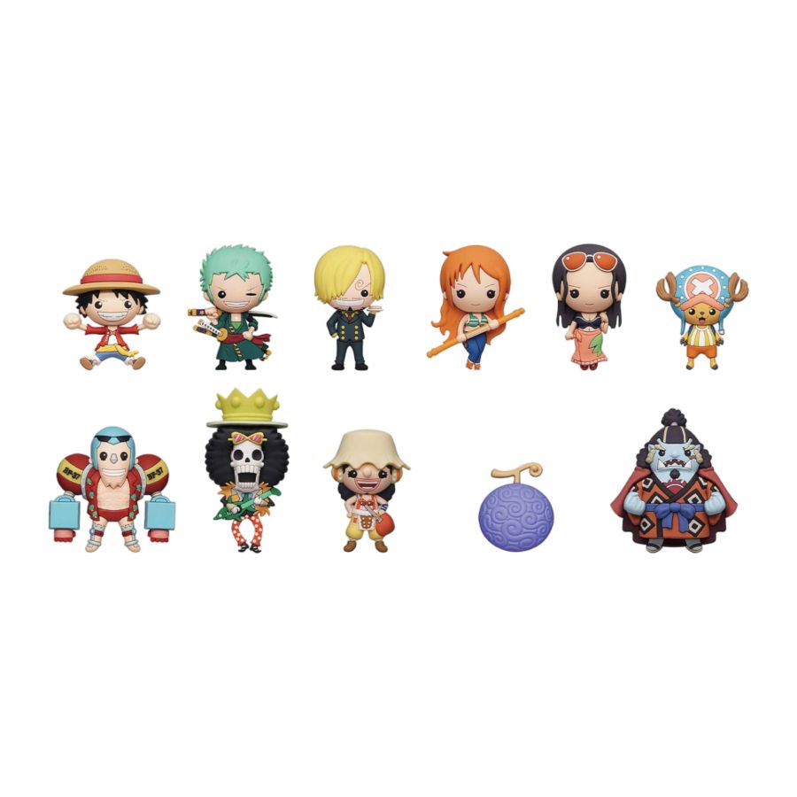 Eleven chibi One Piece figures: Luffy, Zoro, Sanji, Nami, Robin, Chopper, Franky, Brook, Usopp, Jimbei, and a purple Devil Fruit