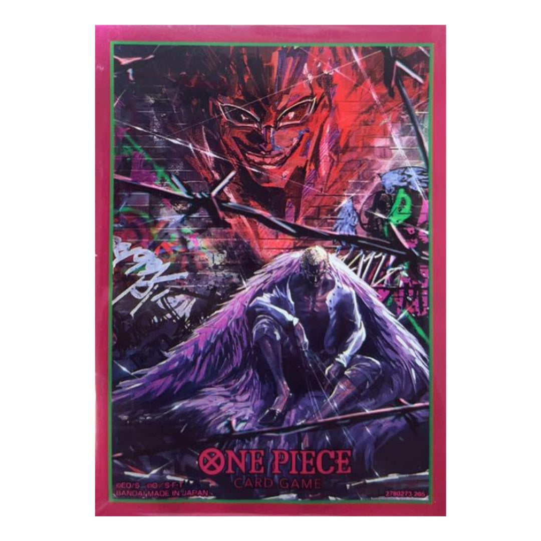 One Piece card art of Donquixote Doflamingo seated in a purple coat, overlooked by a giant, red, smiling face
