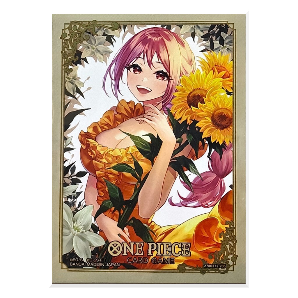 One Piece Card Game art featuring a smiling woman in a yellow dress, holding large yellow sunflowers